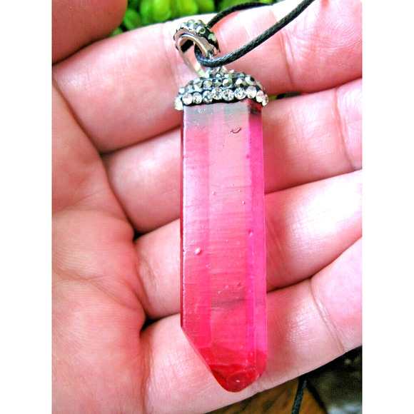 New Genuine Brazilian Pink Color Quartz Crystal Laser Point Pendant Necklace - Picture 5 of 7